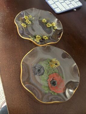 Floral Glass Dessert Plates - Set of 2 in Multicolor with Gold Trim